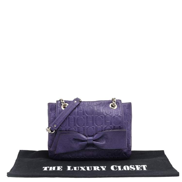 Pre Owned Carolina Herrera Purple Monogram Embossed Leather Audrey Shoulder Bag