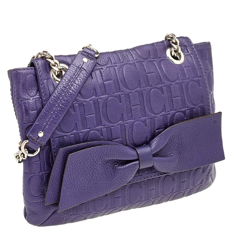 Pre Owned Carolina Herrera Purple Monogram Embossed Leather Audrey Shoulder Bag