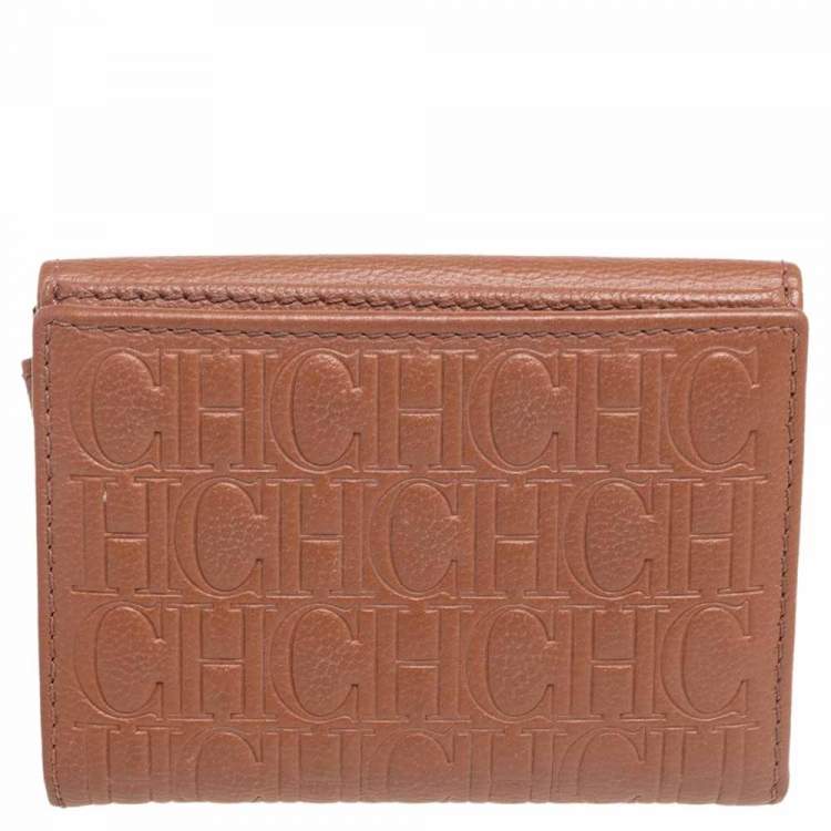 Pre Owned Carolina Herrera Brown Monogram Leather Tri Fold Compact Wallet
