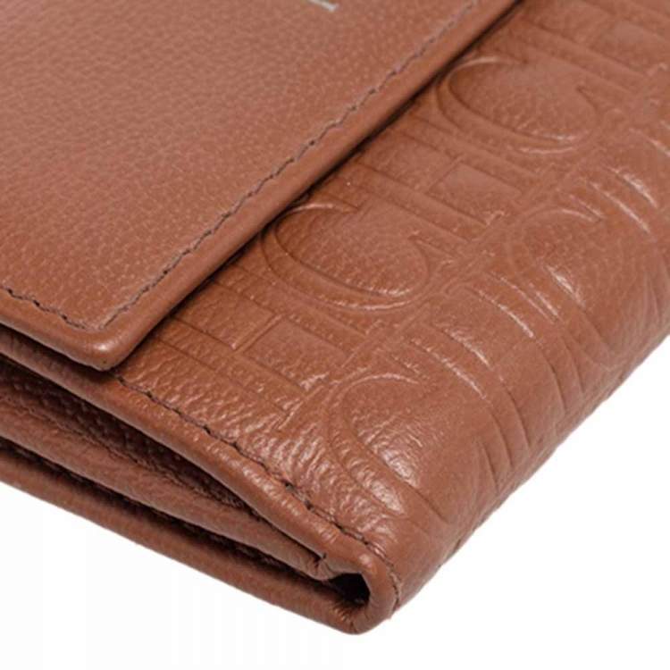 Pre Owned Carolina Herrera Brown Monogram Leather Tri Fold Compact Wallet