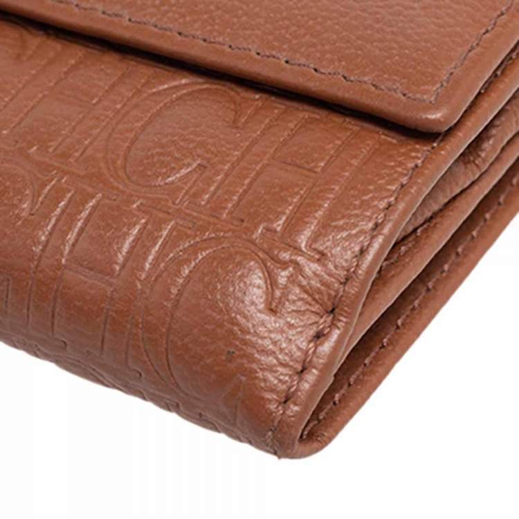 Pre Owned Carolina Herrera Brown Monogram Leather Tri Fold Compact Wallet