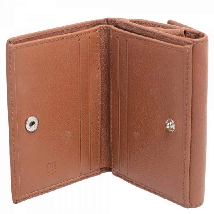Pre Owned Carolina Herrera Brown Monogram Leather Tri Fold Compact Wallet