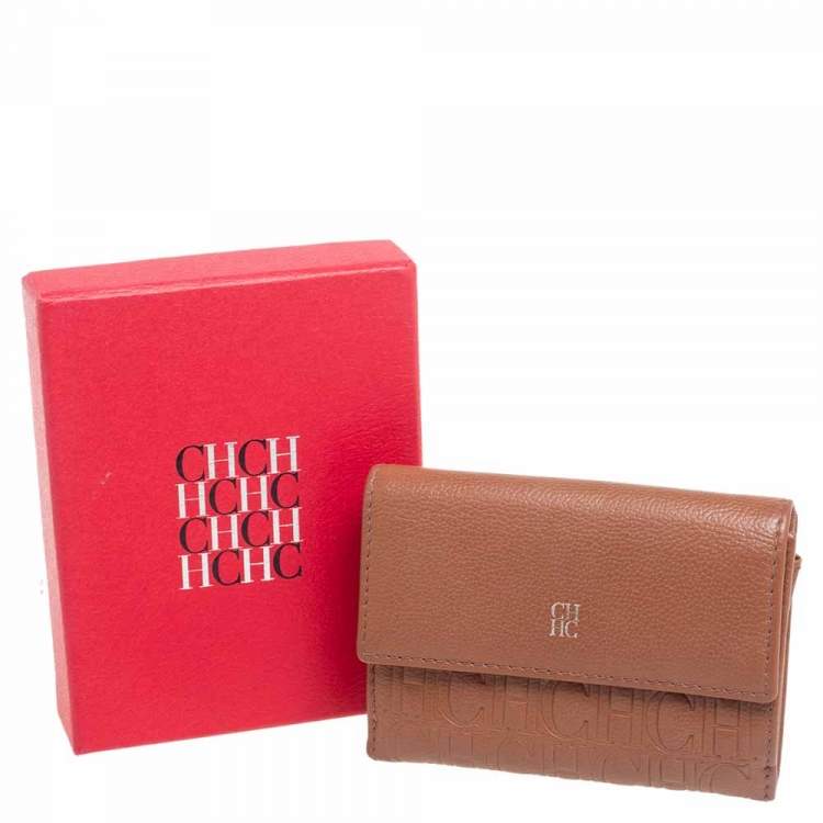Pre Owned Carolina Herrera Brown Monogram Leather Tri Fold Compact Wallet