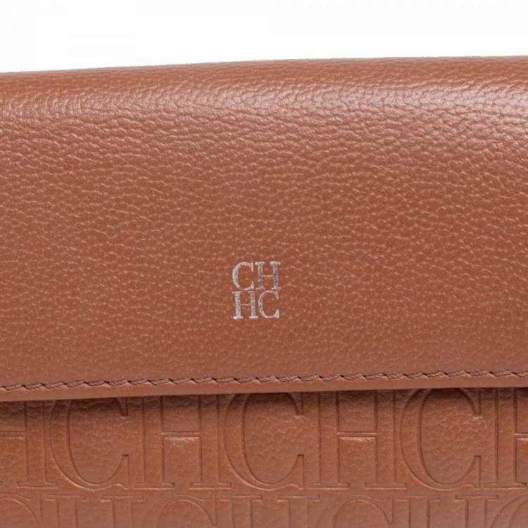 Pre Owned Carolina Herrera Brown Monogram Leather Tri Fold Compact Wallet