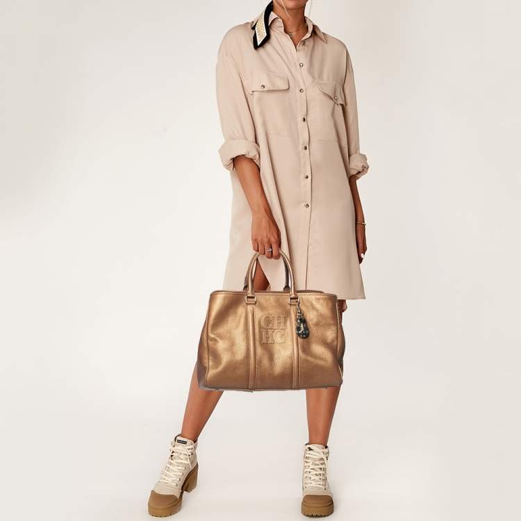 Pre Owned Carolina Herrera Metallic Gold Grained Leather Large Matteo Tote