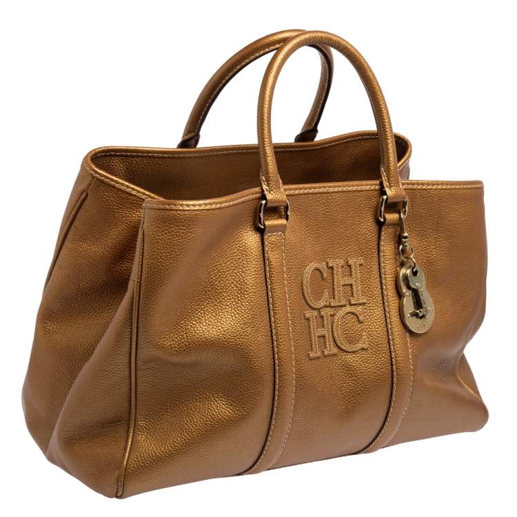 Pre Owned Carolina Herrera Metallic Gold Grained Leather Large Matteo Tote