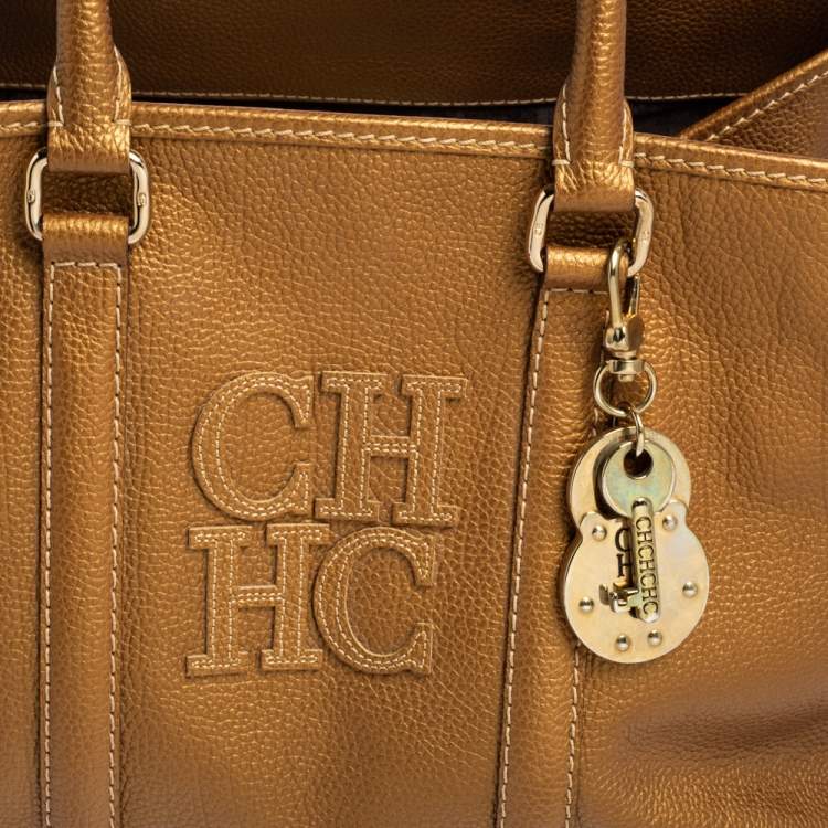 Pre Owned Carolina Herrera Metallic Gold Grained Leather Large Matteo Tote