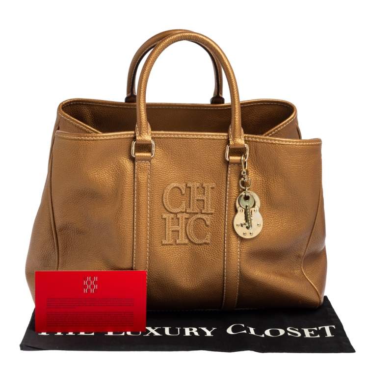Pre Owned Carolina Herrera Metallic Gold Grained Leather Large Matteo Tote