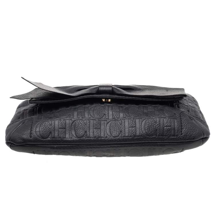 Pre Owned Carolina Herrera Black Monogram Embossed Leather Bow Flap Shoulder Bag