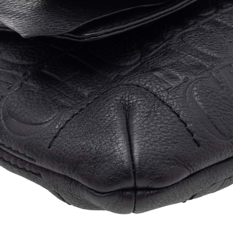Pre Owned Carolina Herrera Black Monogram Embossed Leather Bow Flap Shoulder Bag