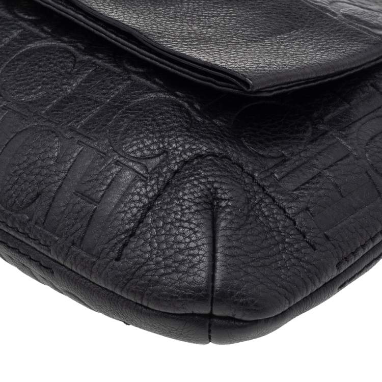 Pre Owned Carolina Herrera Black Monogram Embossed Leather Bow Flap Shoulder Bag