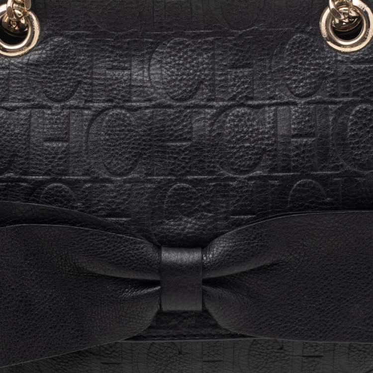 Pre Owned Carolina Herrera Black Monogram Embossed Leather Bow Flap Shoulder Bag