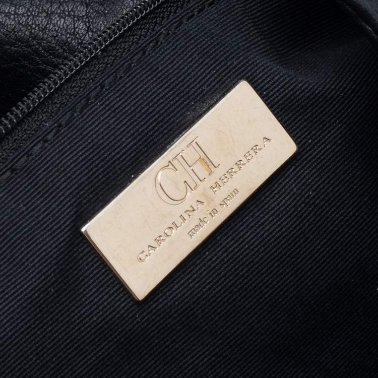 Pre Owned Carolina Herrera Black Monogram Embossed Leather Bow Flap Shoulder Bag