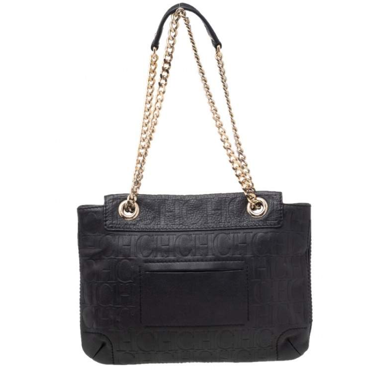 Pre Owned Carolina Herrera Black Monogram Embossed Leather Bow Flap Shoulder Bag