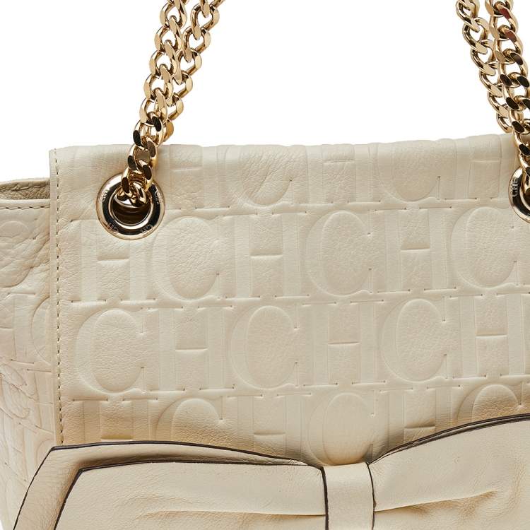 مملوكة مسبقًا Carolina Herrera White Monogram Embossed Leather Audrey Shoulder Bag