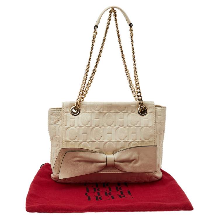 مملوكة مسبقًا Carolina Herrera White Monogram Embossed Leather Audrey Shoulder Bag