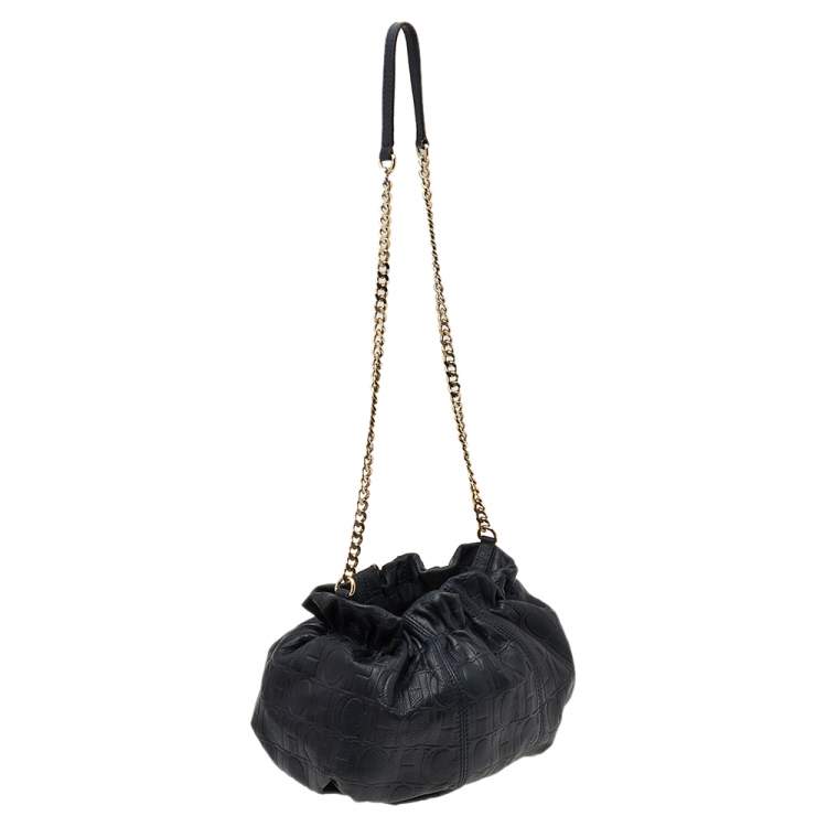 Pre Owned Carolina Herrera Black Monogram Embossed Leather Bucket Shoulder Bag
