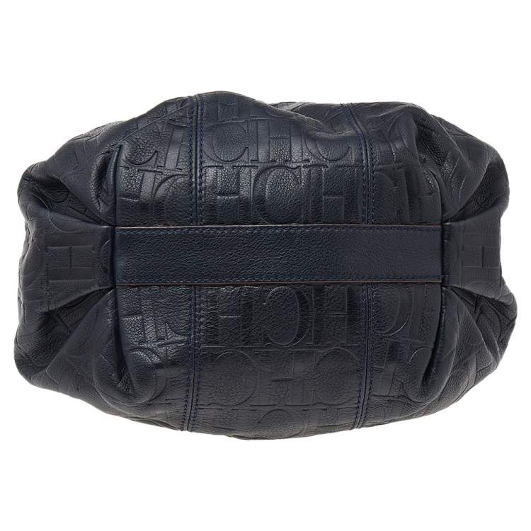 Pre Owned Carolina Herrera Black Monogram Embossed Leather Bucket Shoulder Bag