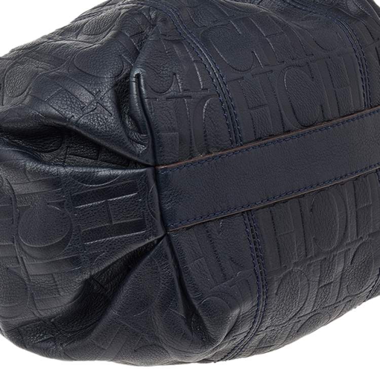 Pre Owned Carolina Herrera Black Monogram Embossed Leather Bucket Shoulder Bag