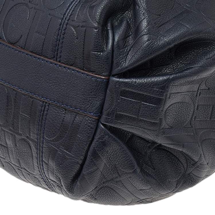 Pre Owned Carolina Herrera Black Monogram Embossed Leather Bucket Shoulder Bag