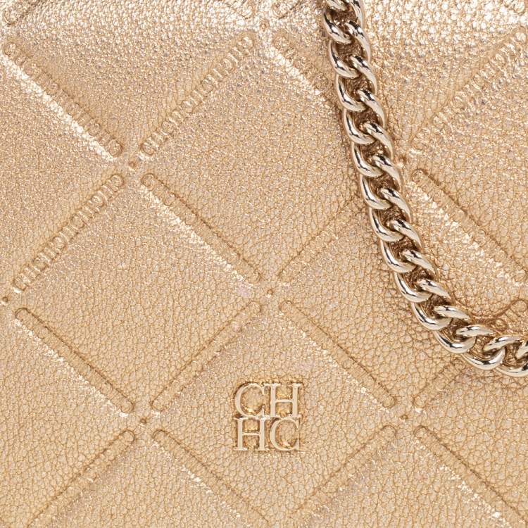 Pre Owned Carolina Herrera Metallic Gold Quilted Leather Flap Chain Shoulder Bag