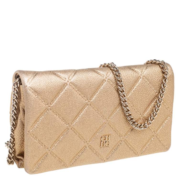 Pre Owned Carolina Herrera Metallic Gold Quilted Leather Flap Chain Shoulder Bag