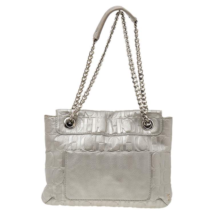 Pre Owned Carolina Herrera Silver Monogram Embossed Leather Bow Flap Shoulder Bag
