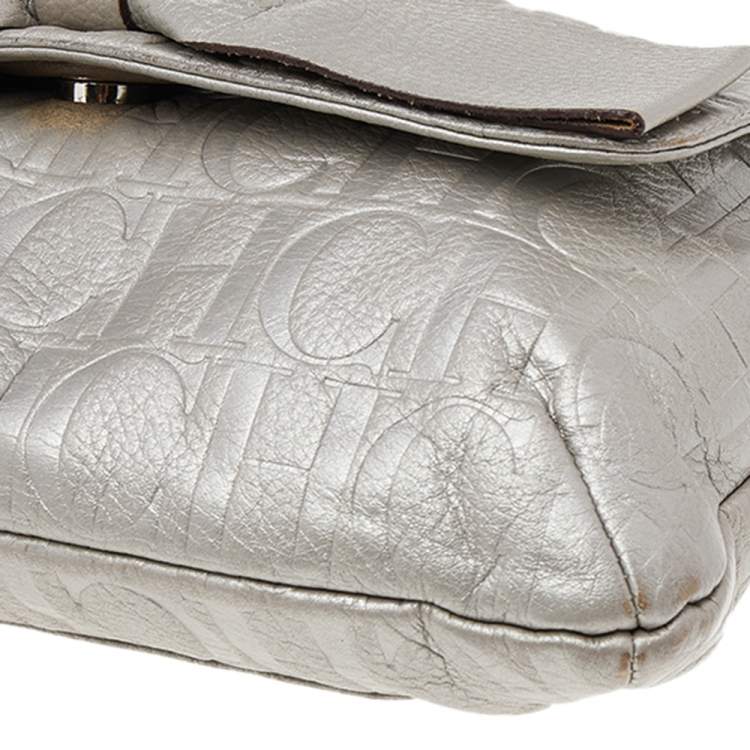 Pre Owned Carolina Herrera Silver Monogram Embossed Leather Bow Flap Shoulder Bag