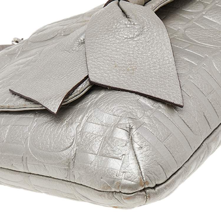 Pre Owned Carolina Herrera Silver Monogram Embossed Leather Bow Flap Shoulder Bag