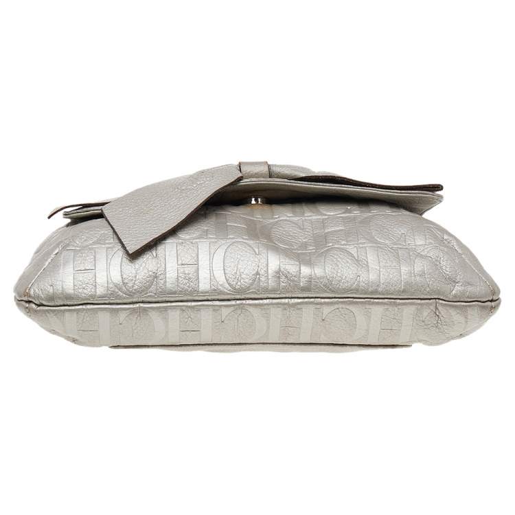 Pre Owned Carolina Herrera Silver Monogram Embossed Leather Bow Flap Shoulder Bag