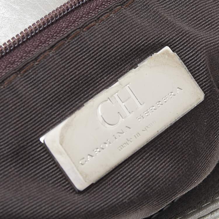 Pre Owned Carolina Herrera Silver Monogram Embossed Leather Bow Flap Shoulder Bag