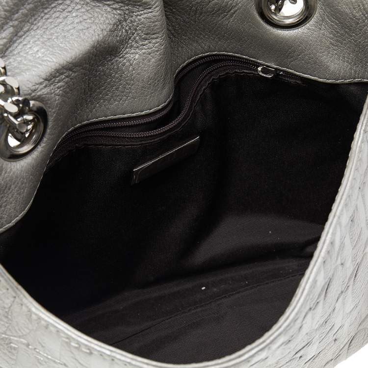 Pre Owned Carolina Herrera Silver Monogram Embossed Leather Bow Flap Shoulder Bag