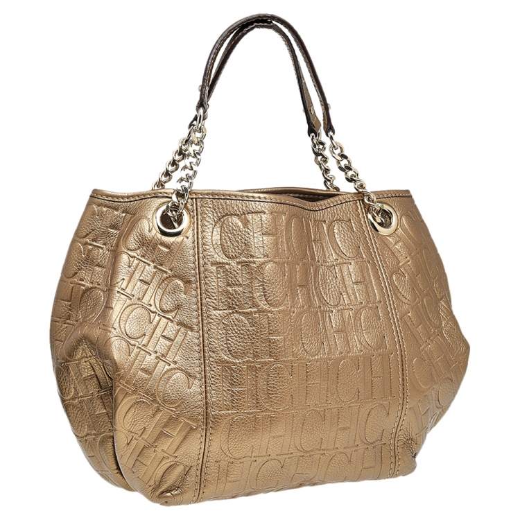 Pre Owned Carolina Herrera Gold Monogram Embossed Leather Chain Hobo