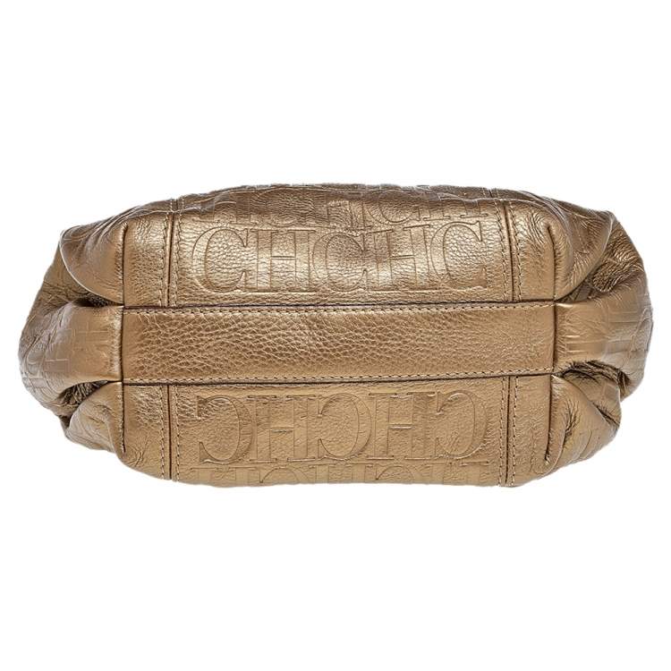 Pre Owned Carolina Herrera Gold Monogram Embossed Leather Chain Hobo