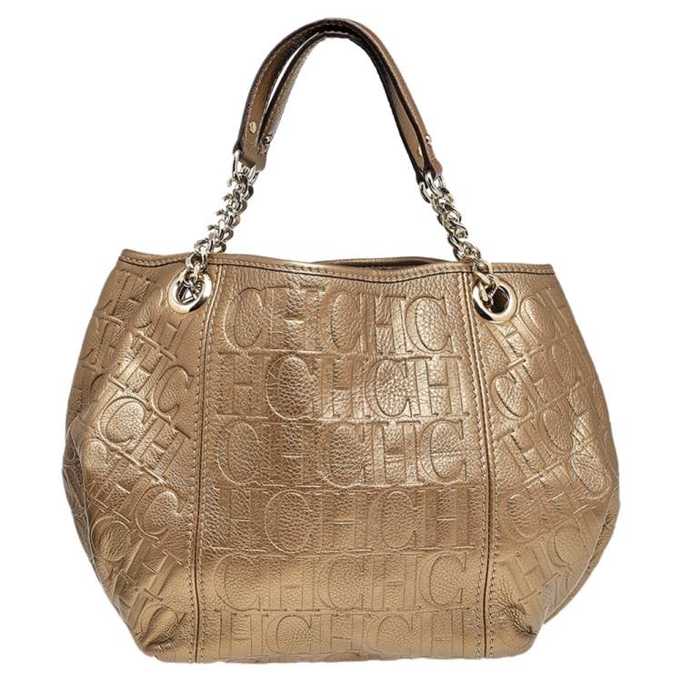 Pre Owned Carolina Herrera Gold Monogram Embossed Leather Chain Hobo