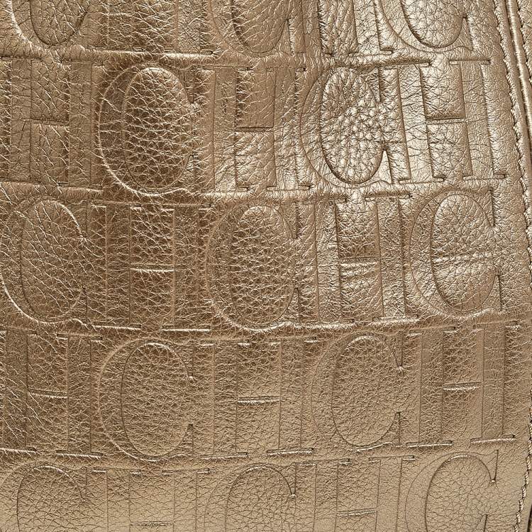 Pre Owned Carolina Herrera Gold Monogram Embossed Leather Chain Hobo