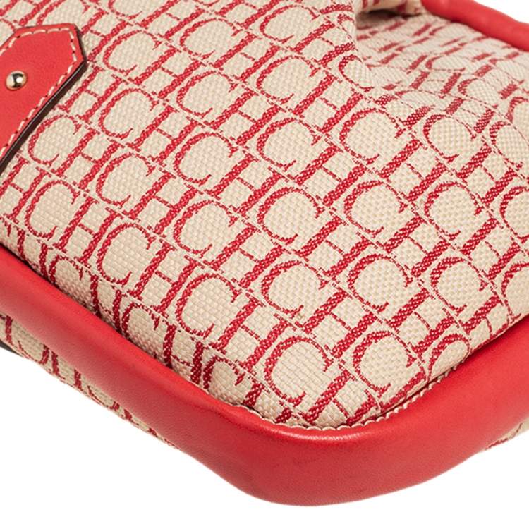 Pre Owned Carolina Herrera Red/Off White Monogram Canvas and Leather Hobo