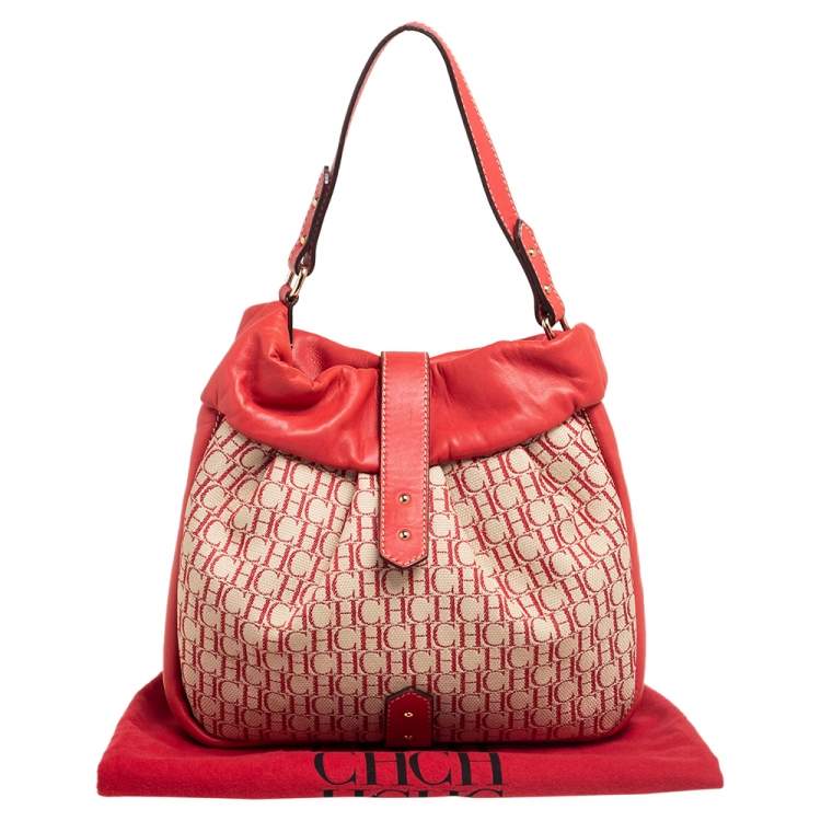 Pre Owned Carolina Herrera Red/Off White Monogram Canvas and Leather Hobo