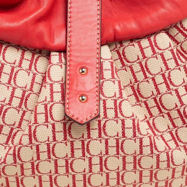 Pre Owned Carolina Herrera Red/Off White Monogram Canvas and Leather Hobo