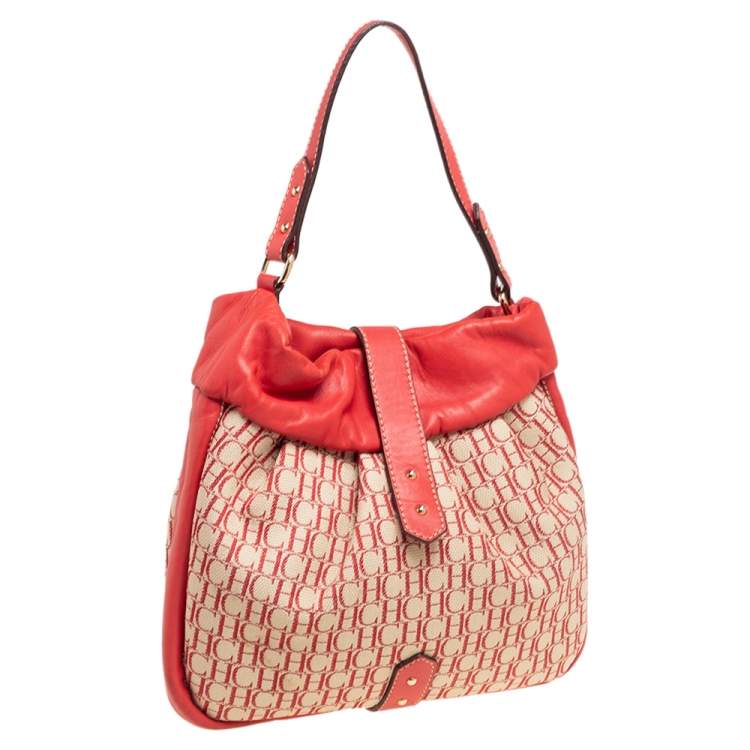 Pre Owned Carolina Herrera Red/Off White Monogram Canvas and Leather Hobo
