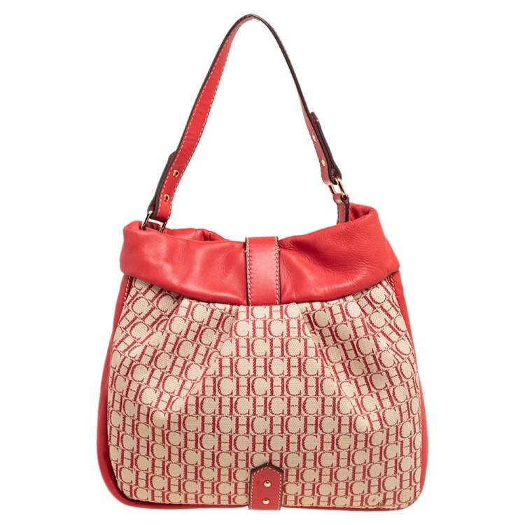 Pre Owned Carolina Herrera Red/Off White Monogram Canvas and Leather Hobo