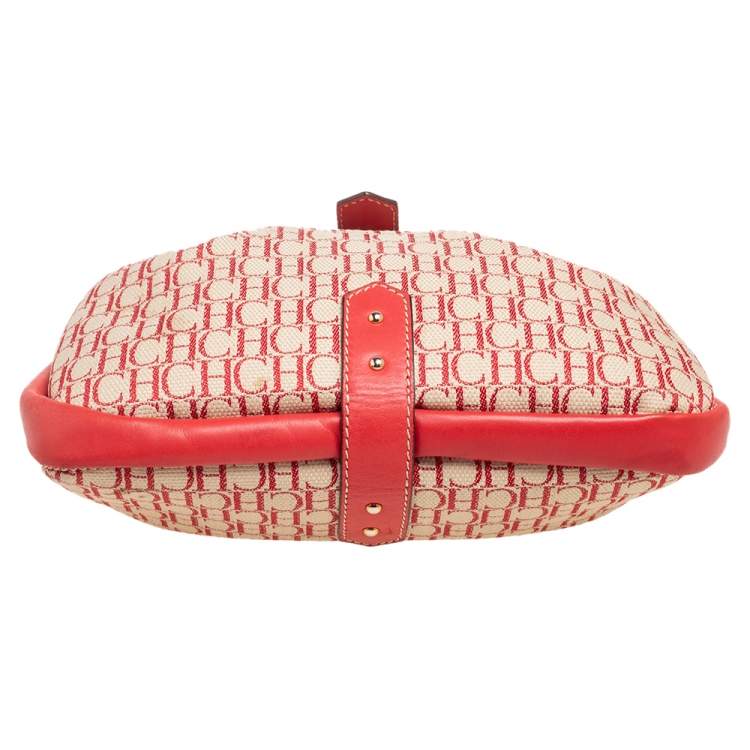 Pre Owned Carolina Herrera Red/Off White Monogram Canvas and Leather Hobo
