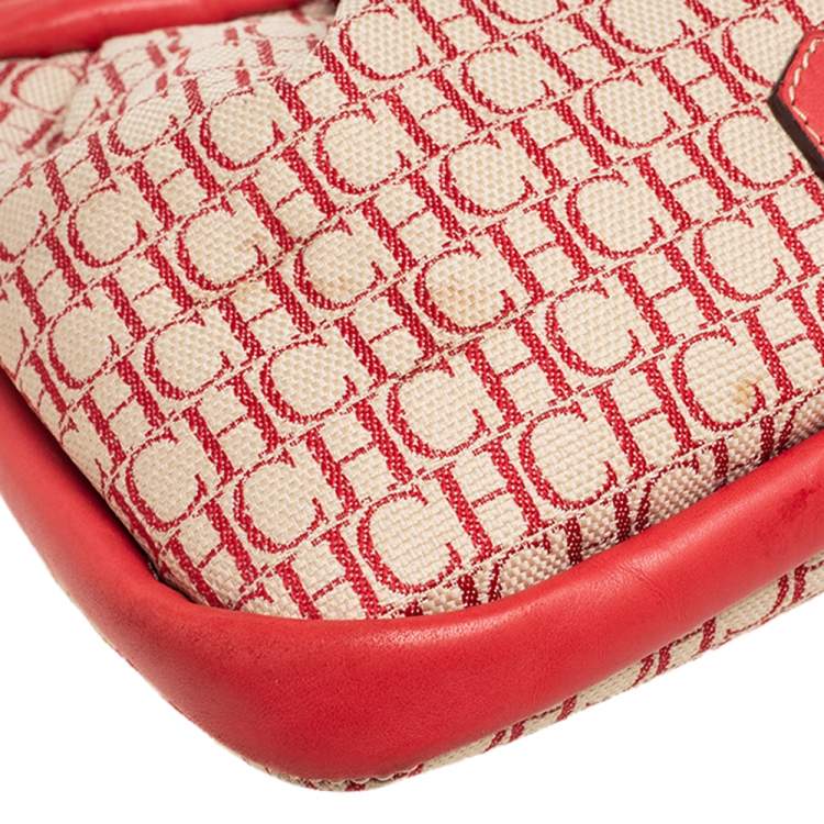 Pre Owned Carolina Herrera Red/Off White Monogram Canvas and Leather Hobo