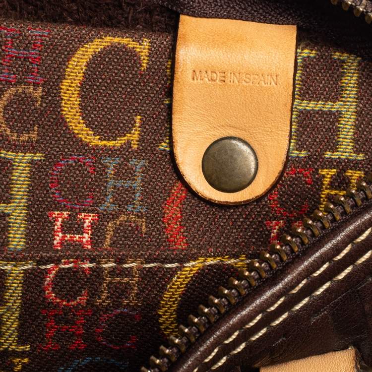 Pre Owned Carolina Herrera Dark Brown Monogram Embossed Leather Andy Boston Bag