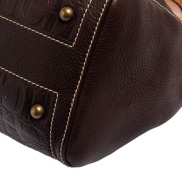 Pre Owned Carolina Herrera Dark Brown Monogram Embossed Leather Andy Boston Bag
