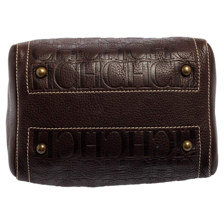 Pre Owned Carolina Herrera Dark Brown Monogram Embossed Leather Andy Boston Bag
