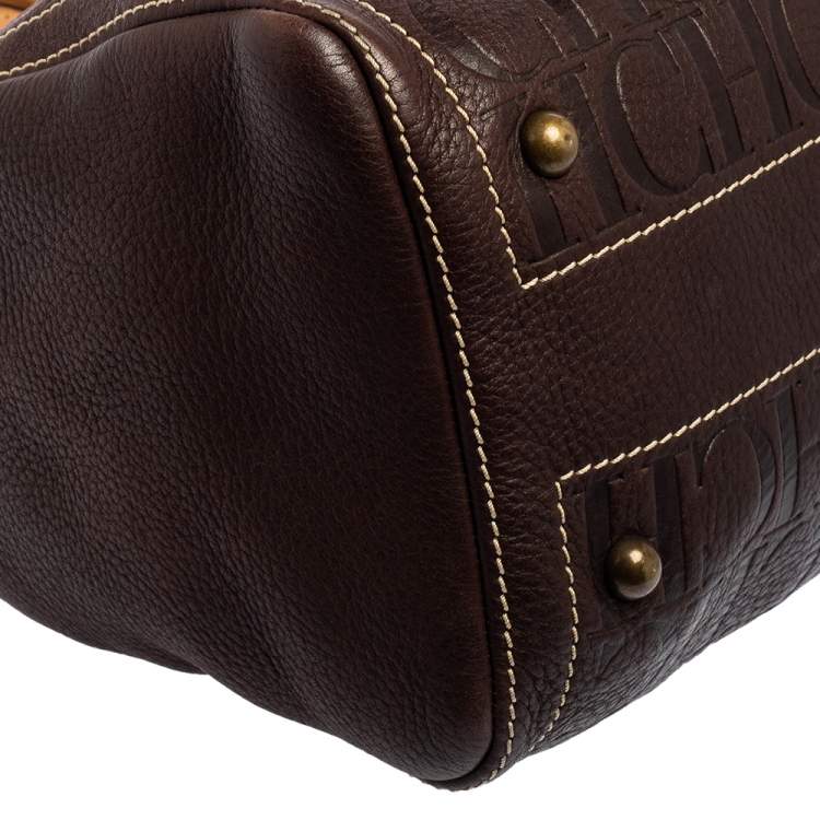Pre Owned Carolina Herrera Dark Brown Monogram Embossed Leather Andy Boston Bag