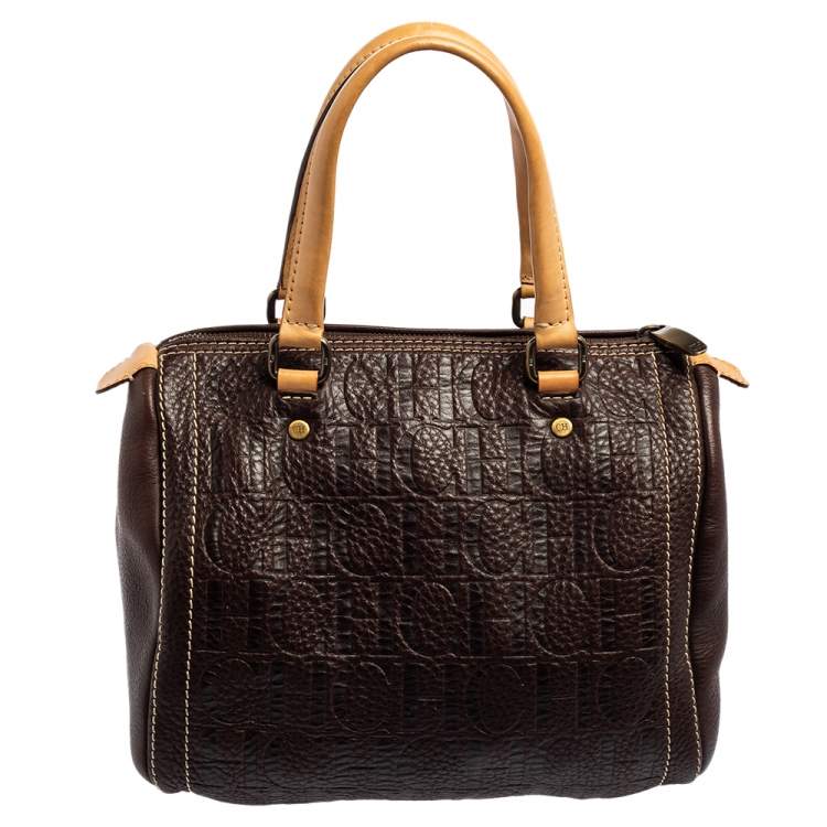 Pre Owned Carolina Herrera Dark Brown Monogram Embossed Leather Andy Boston Bag