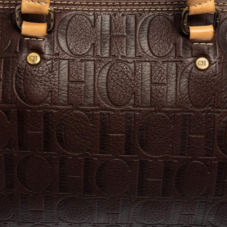 Pre Owned Carolina Herrera Dark Brown Monogram Embossed Leather Andy Boston Bag