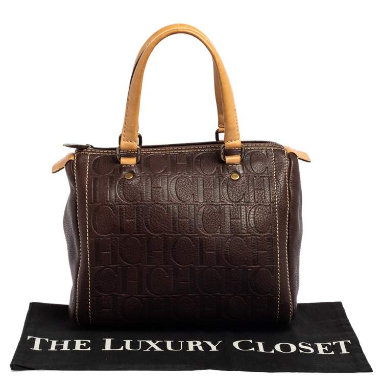 Pre Owned Carolina Herrera Dark Brown Monogram Embossed Leather Andy Boston Bag